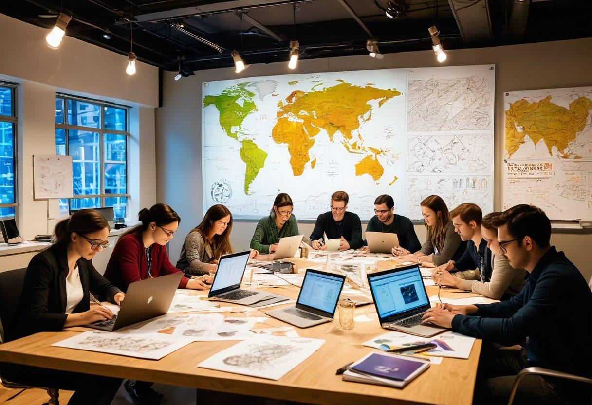 A dynamic scene depicting a diverse group of inventors brainstorming ideas around a large table, surrounded by sketches, prototypes, and laptops showcasing blogs. The room is filled with inspiration, with light bulbs symbolizing ideas and a world map highlighting global blogging trends in the background. The atmosphere is vibrant and energetic, conveying innovation and collaboration. transparent elements to represent digital evolution. bright colors. super-realistic.