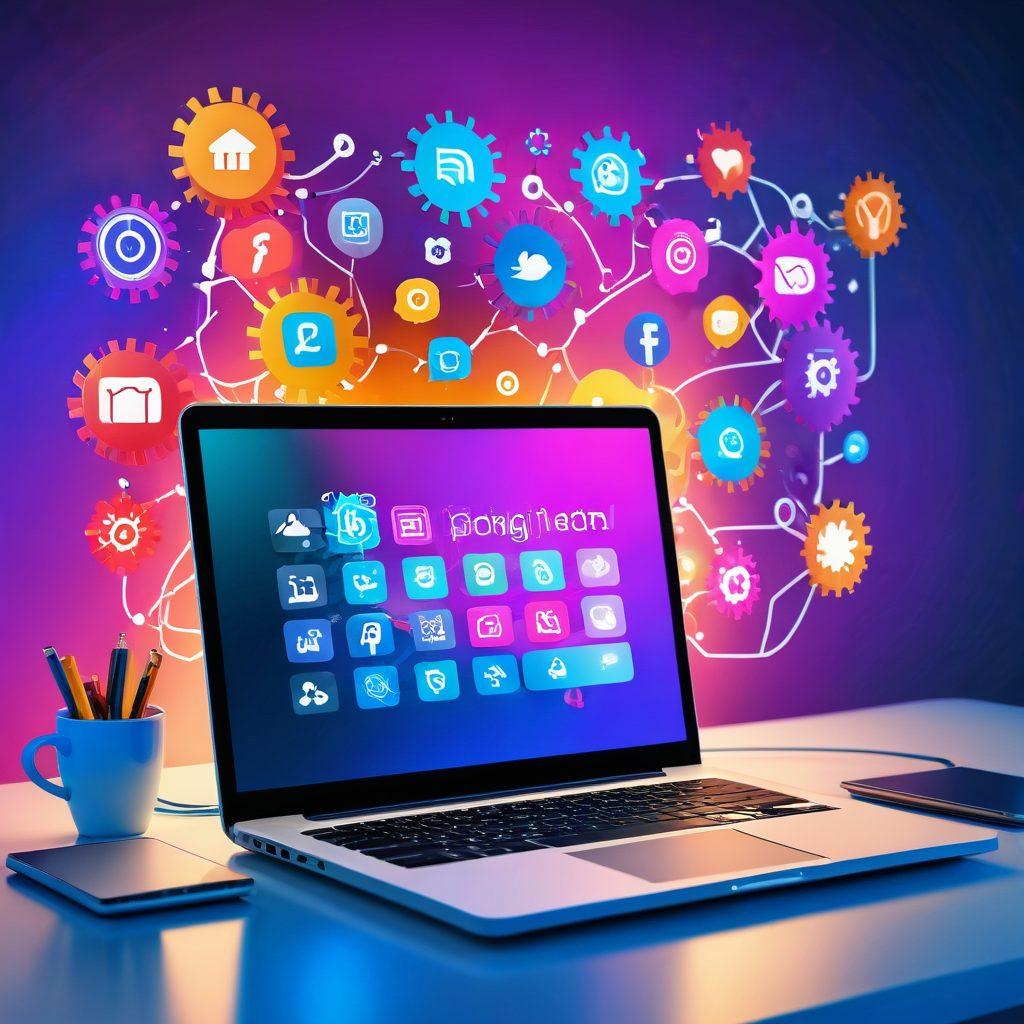 A modern digital workspace featuring a laptop with a vibrant screen displaying various innovative technologies and blogging tools. Surround it with elements representing change, like gears turning, lightbulbs for ideas, and futuristic tech devices. The ambiance should be bright and inviting, symbolizing progress and creativity. Include subtle nods to social media, such as icons floating around. super-realistic. vibrant colors. 3D.