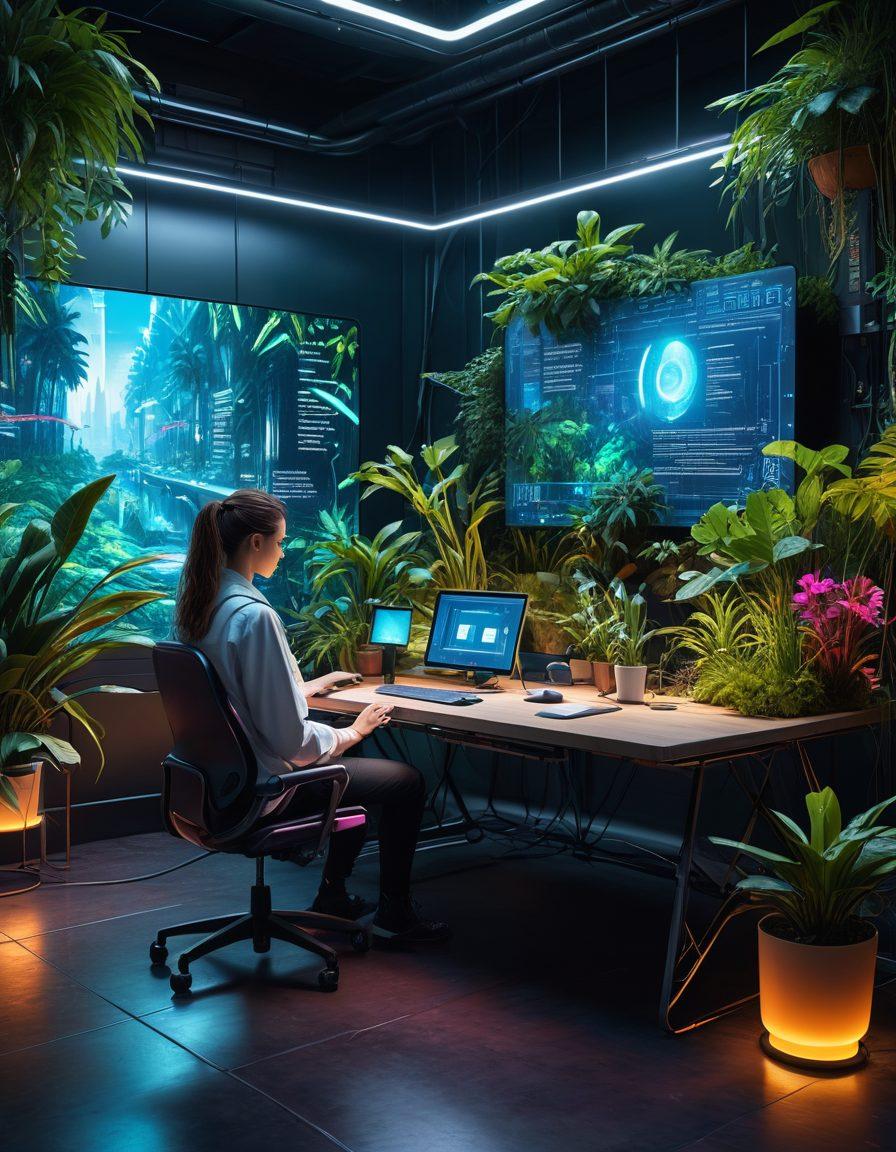 A futuristic workspace filled with innovative blogging tools, featuring a floating holographic screen displaying creative writing concepts. The environment is vibrant and dynamic, with elements of nature integrated into technology, such as plants growing from digital devices. The scene captures a diverse group of individuals brainstorming and collaborating, showcasing a blend of traditional and modern writing instruments. Bright, imaginative colors highlight the innovative spirit of the future. cyberpunk. vibrant colors. 3D.